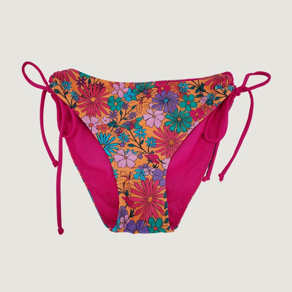Cupshe Retro Floral Side Tie Bikini Bottom Small Pink Orange Stretch Adjustable